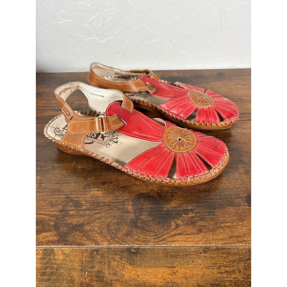 Pikolinos Puerto Vallarta Red Tan Leather Cutout Sandals Made in Spain Size 37